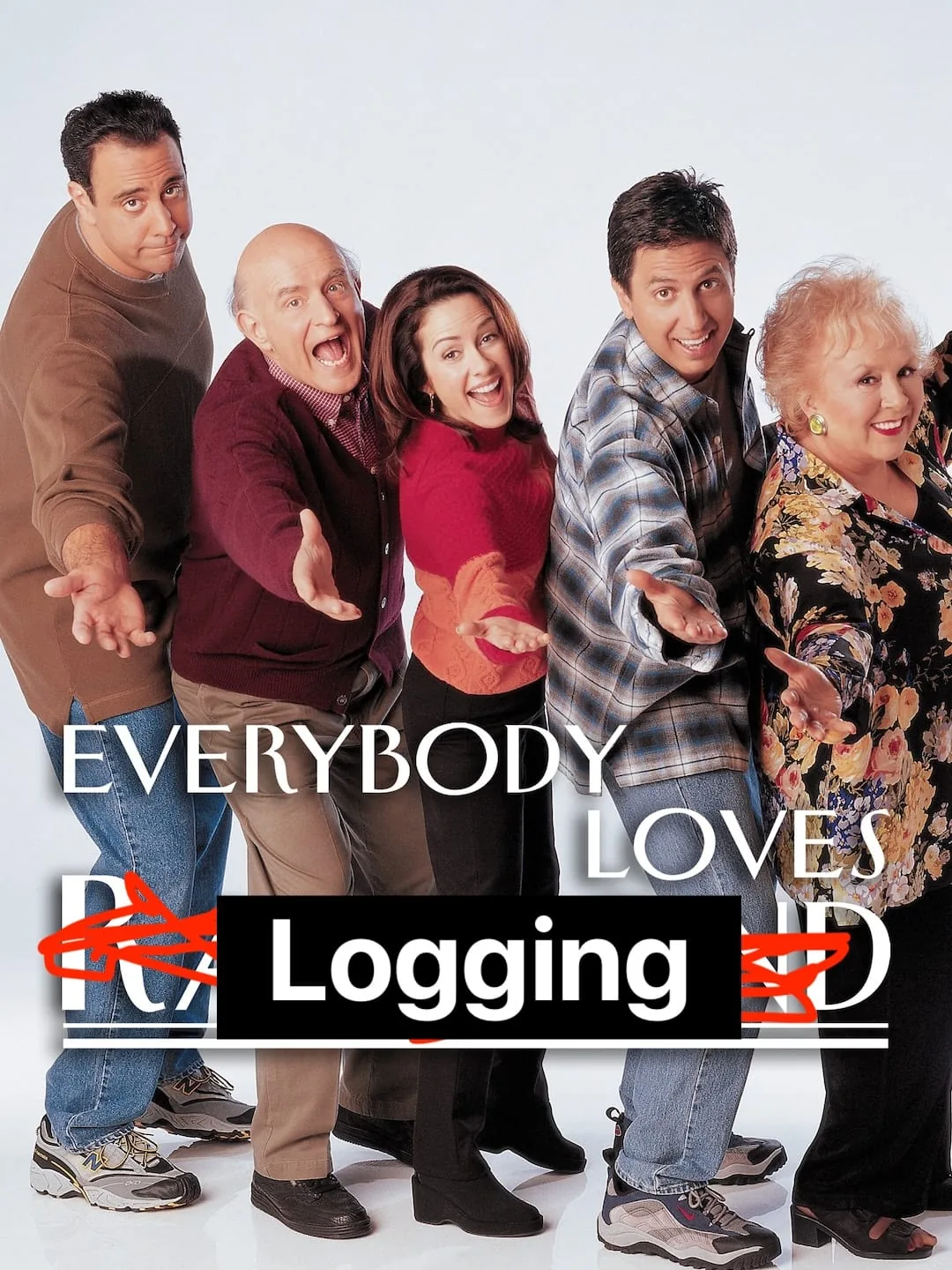 The Everybody Loves Raymond cast photo with ‘Raymond’ crossed out and replaced by ‘Logging’