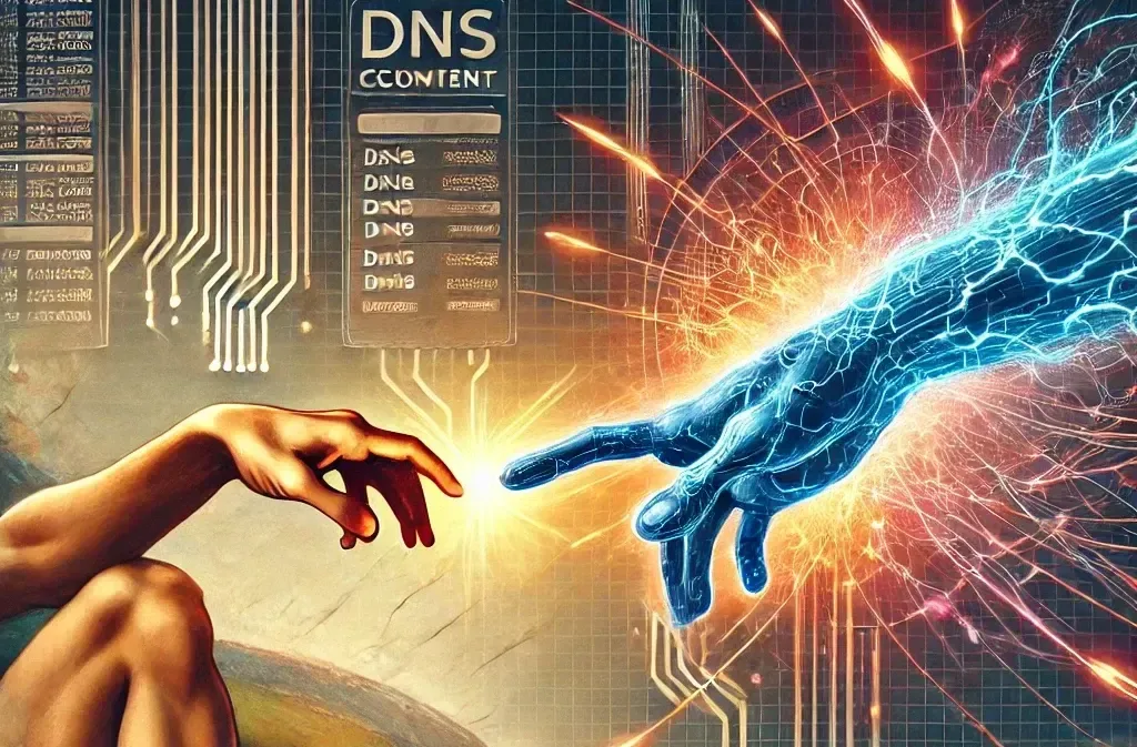 The Creation of Adam restaged in circuitry: a human hand reaching toward a glowing blue hand in front of a board of DNS records
