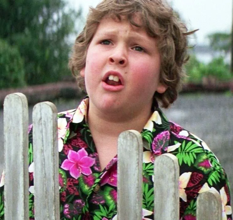 Chunk from The Goonies pulling a face behind a picket fence