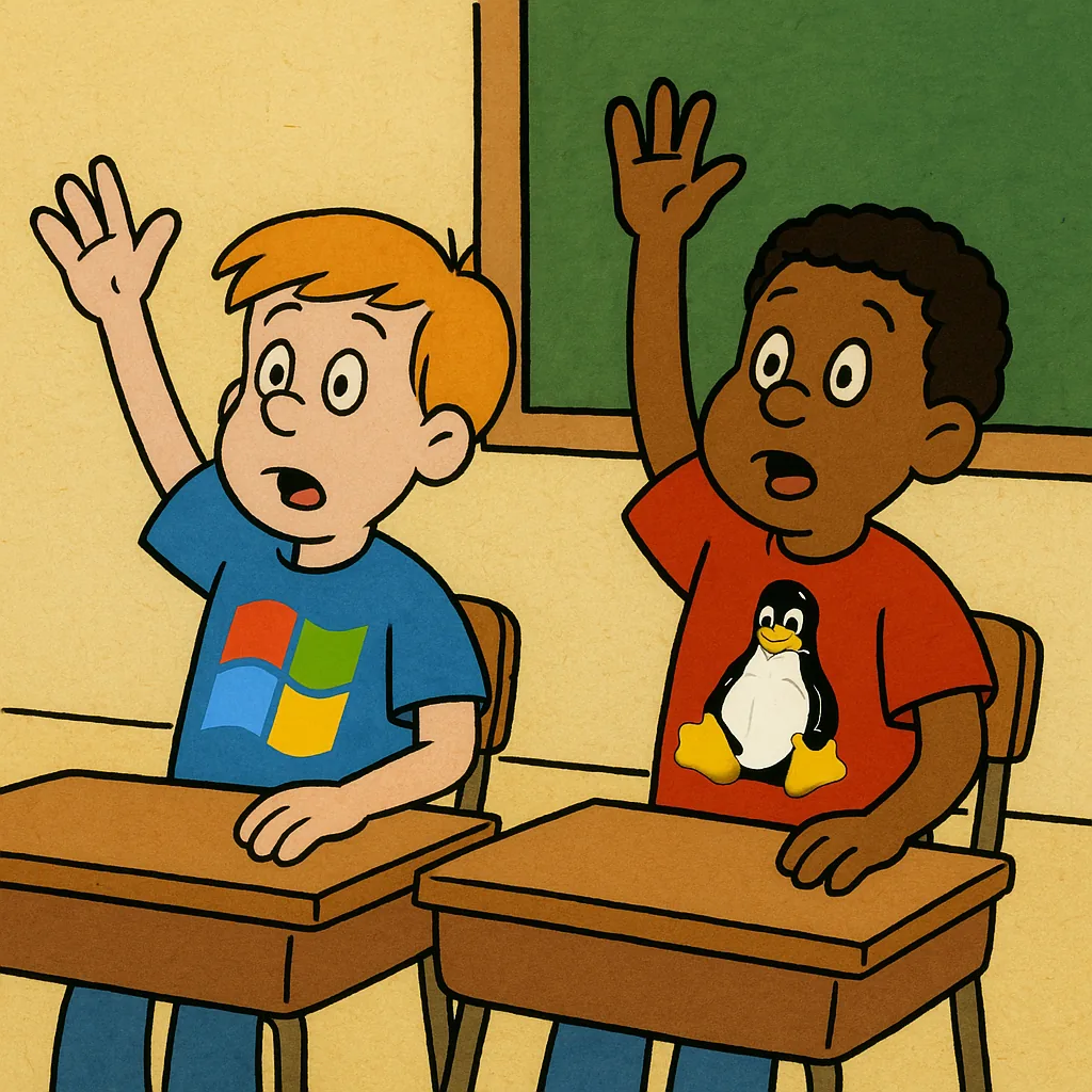 Cartoon of two schoolchildren with raised hands, one in a Windows T-shirt and one in a Tux penguin T-shirt