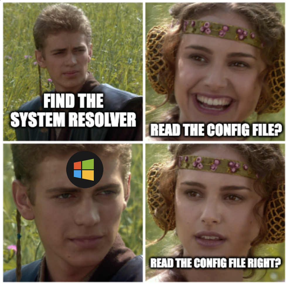Anakin and Padmé four-panel meme: ‘Find the system resolver’ / ‘Read the config file?’ / Anakin stares back with a Windows logo over his face / ‘Read the config file right?’
