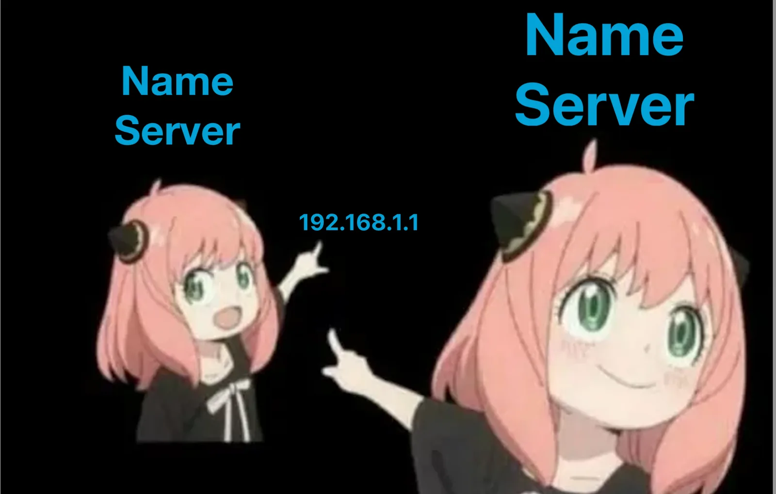 Anya from Spy x Family pointing at '192.168.1.1', labelled 'Name Server' twice at increasing size