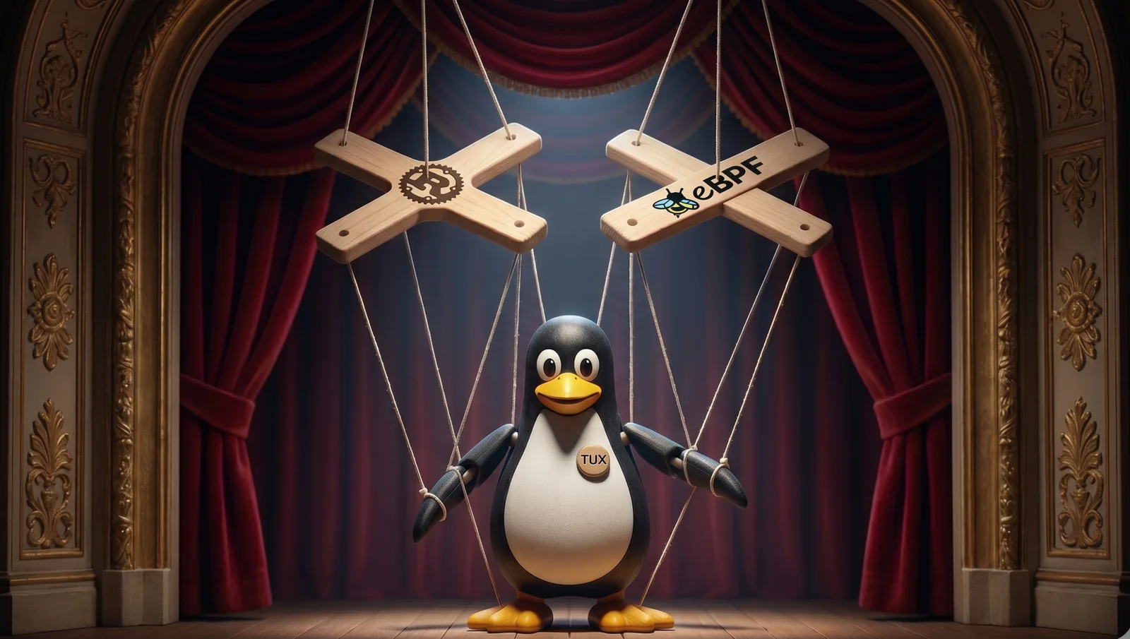 Tux the Linux penguin as a marionette on a lit stage, strung from two control bars marked with the Rust and eBPF logos
