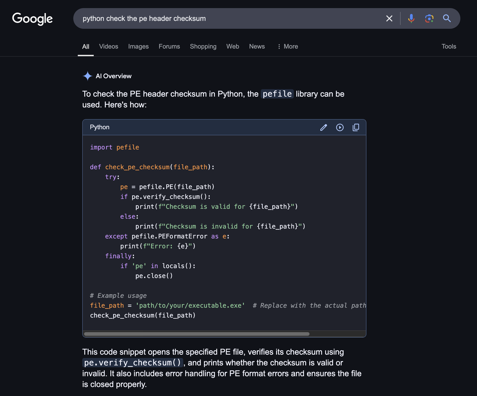 Google search for ‘python check the pe header checksum’ showing an AI Overview with a pefile code snippet