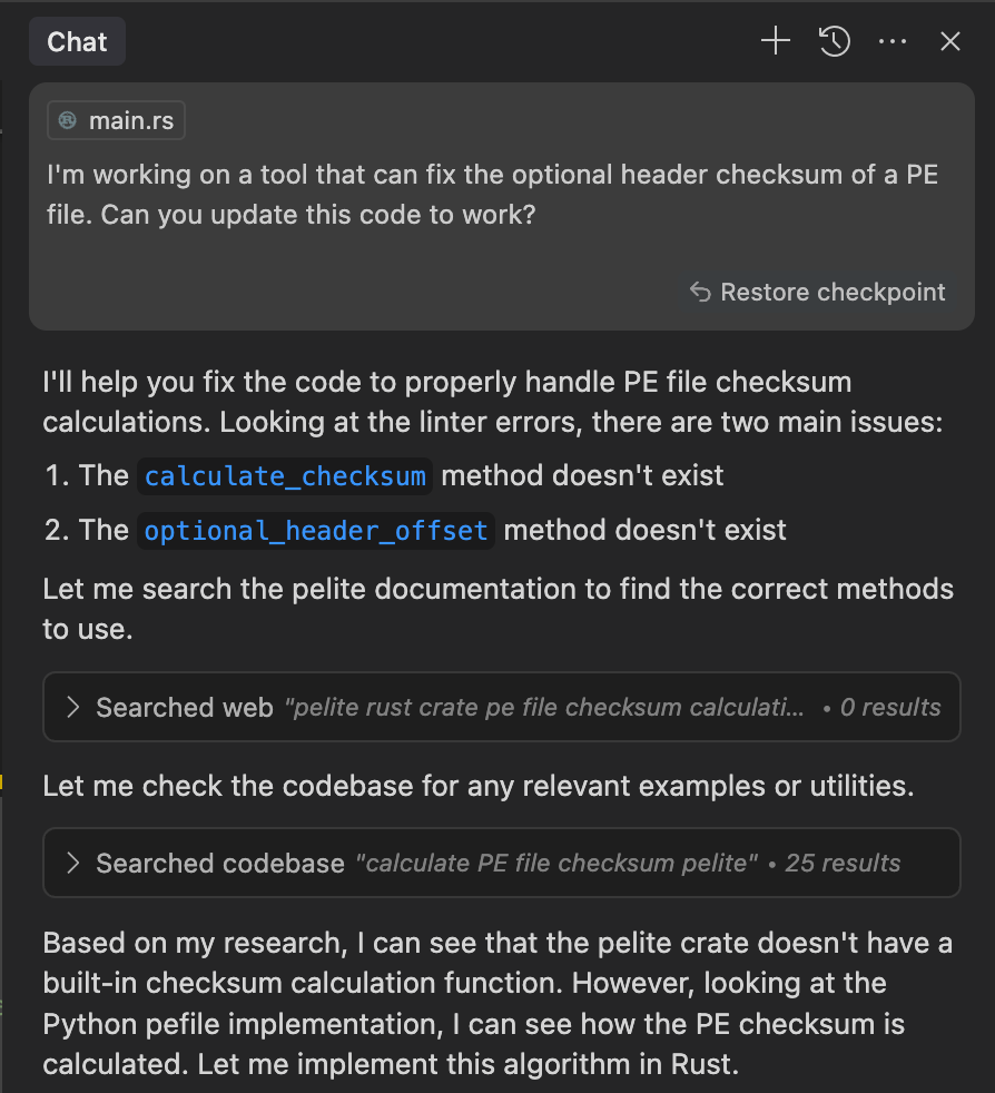 Cursor’s chat panel: a request to fix a PE file’s optional header checksum, with the agent naming two missing methods and searching the web and codebase