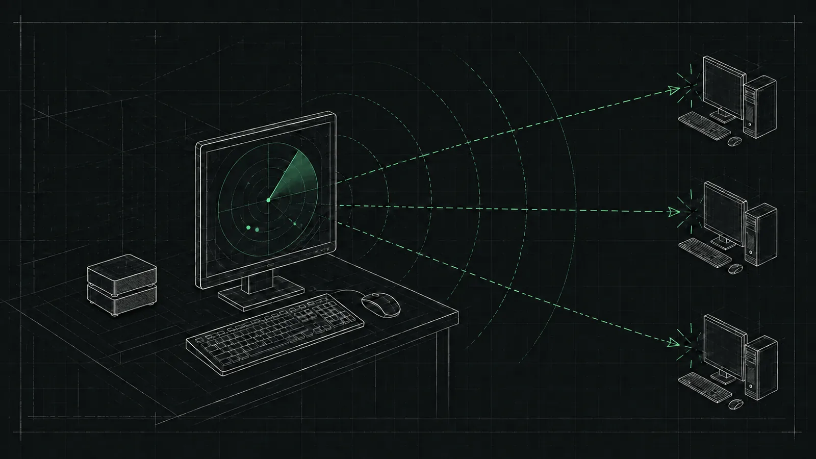 Two stacked compact AI computers beside a radar monitor, scanning and sending green attack arrows toward three remote computers.